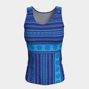 Celtic Knot Fair Isle in Blues Long, Fitted Tank Top/Activewear -  Celtic, Fantasy, Nordic, Norwegian, Scandinavian, Festival Wear