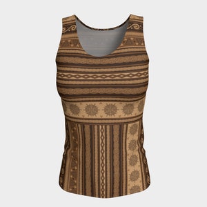 Celtic Knot Fair Isle in Cream and Brown Long, Fitted Tank Top/Activewear -  Celtic, Fantasy, Nordic, Norwegian, Scandinavian, Festival Wear