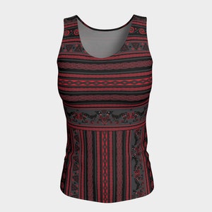Celtic Cat Fair Isle in Red and Grey Long, Fitted Tank Top/Activewear -  Celtic, Fantasy, Nordic, Norwegian, Scandinavian, Festival Wear
