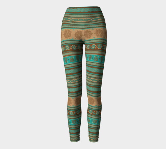 Celtic Knot Fair Isle in Teal and Brown Yoga Leggings Activewear Nordique Scandinave Norvegien Eco friendly Celtic Art Fantasy Art Etsy France