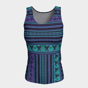 Celtic Fairy Fair Isle in Teal and Purple Long, Fitted Tank Top/Activewear - Celtic, Fantasy, Nordic, Norwegian, Scandinavian, Festival Wear