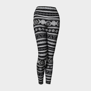Celtic Triple Moon Goddess Witch Fair Isle in Black and White Yoga Leggings/Activewear-Nordic, Wiccan, Pagan, Celtic Art, Fantasy Art,