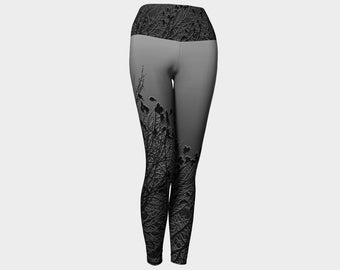 Crows in Trees in Charcoal Yoga Leggings/Activewear - Nature, Trees, Birds, Zen