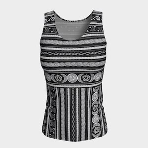 Celtic Triple Moon Goddess Witch Fair Isle in Black and Grey Long, Fitted Tank Top/Activewear-Celtic Nordic Wicca Wiccan Pagan Festival Wear