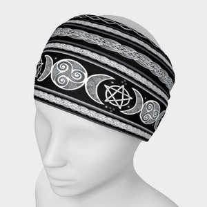 Celtic Triple Moon Goddess Witch Fair Isle in Black and Grey Headband/Neck Warmer- Nordic, Wicca, Pagan, Celtic, Fantasy,  Festival Wear