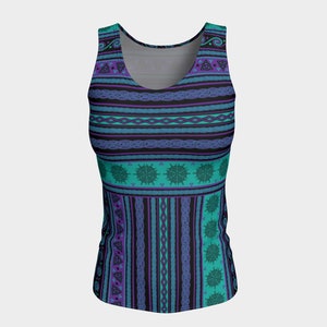Celtic Knot Fair Isle in Teal and Purple Long, Fitted Tank Top/Activewear -  Celtic, Fantasy, Nordic, Norwegian, Scandinavian, Festival Wear