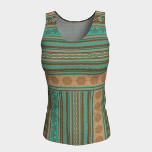 Celtic Knot Fair Isle in Teal and Brown Long, Fitted Tank Top/Activewear -  Celtic, Fantasy, Nordic, Norwegian, Scandinavian, Festival Wear