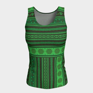 Celtic Knot Fair Isle in Green and Brown Long, Fitted Tank Top/Activewear -  Celtic, Fantasy, Nordic, Norwegian, Scandinavian, Festival Wear