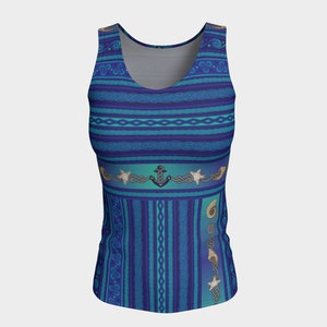 Celtic Nautical Fair Isle Long, Fitted Tank Top/Activewear-Celtic, Fantasy, Anchor, Seashell, Nordic, Norwegian, Scandinavian, Festival Wear
