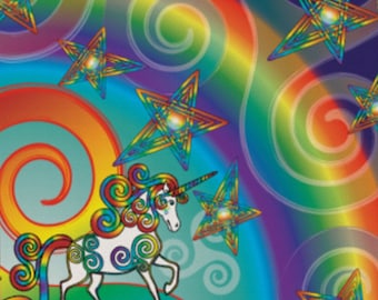 May include: A rainbow-colored unicorn with a swirling mane and tail, set against a background of rainbow swirls and stars. The unicorn is white with rainbow accents.