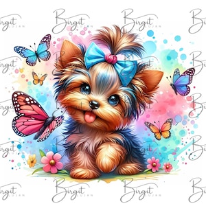 Lámina artística de acuarela de un Yorkshire Terrier, cachorro con mariposas (descarga digital)