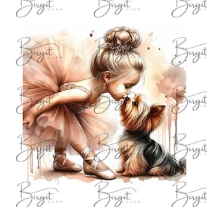 Lámina artística de Yorkshire Terrier: Retrato de una bailarina y su perro (descarga digital)