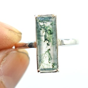 Natural Moss Agate Ring, Long Baguette Ring, Moss Ring, Sterling Silver Ring, Moss Agate Jewelry, Midi Ring, Statement Ring