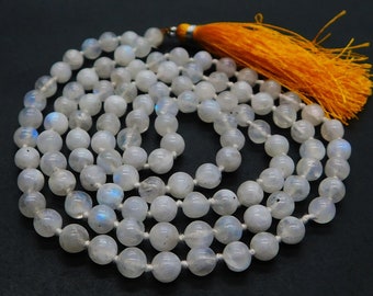 Mala en pierre de lune naturelle, collier de perles en pierre de lune, collier à pampilles, perles en pierre de lune, 108 japa mala, yoga mala, perles de prière, pierre arc-en-ciel