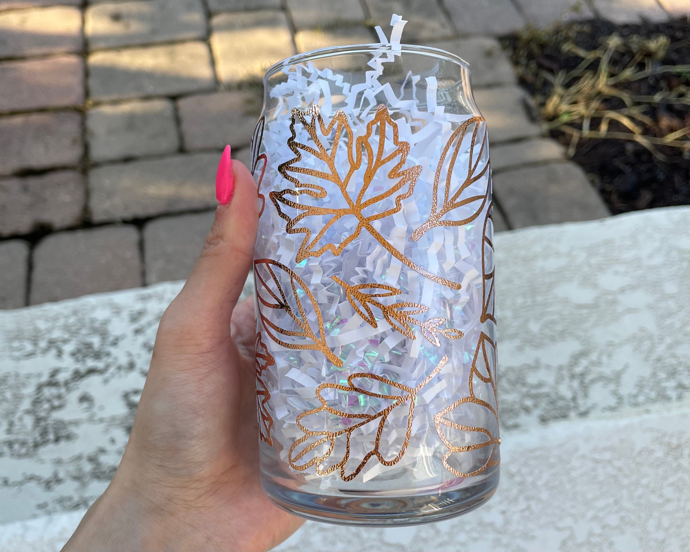 Rose Gold Leaf Fall Libbey Can Glass, Glass, Beer Can Glass, Vinyl Glass,  Personalized Cup, Personalized Glass