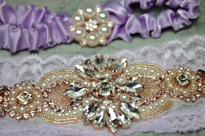 Lilac Purple Wedding Garter Lace with Rose Gold Rhinestone Flower and Pearls /& Satin Ribbon Keepsake Garter with Rose Gold Pearl Rhinestones