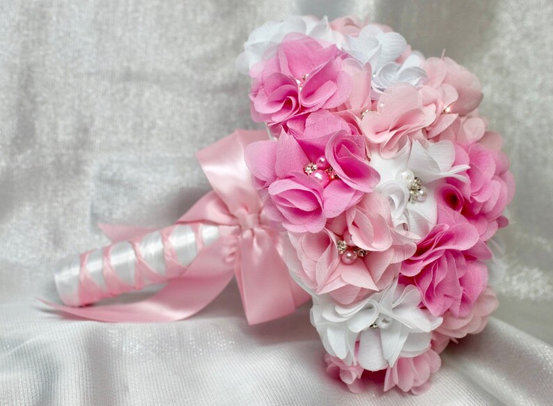 Pink Bridal Bouquet Bridesmaid Bouquet Chiffon Flower Bouquet Etsy