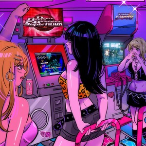 Könnte beinhalten: Illustration von drei Personen in einer neonbeleuchteten Spielhalle. Eine Person spielt Dance Dance Revolution, während die anderen zusehen. Der Bildschirm zeigt "Dance Dance Revolution Super Nova". Das Kunstwerk hat eine lebendige, farbenfrohe Ästhetik.
