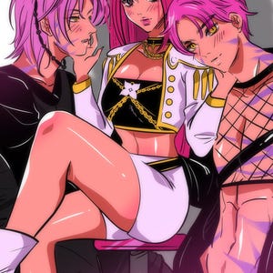 Pode incluir: Ilustração digital de três figuras com cabelo rosa. Uma figura usa um top e chapéu pretos, outra um casaco branco e top preto, e a terceira um top de rede. A imagem tem um estilo mangá ou anime.