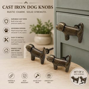 May include: A set of two dark bronze-toned cast iron drawer knobs shaped like dogs. Each knob features a textured finish and a screw attachment for installation. The text on the image reads: CAST IRON DOG KNOBS, RUSTIC CHARM. SOLID STRENGTH.