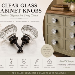 May include: Two clear glass cabinet knobs with faceted surfaces and dark bronze-toned metal bases, each featuring a threaded screw. The image includes text reading CLEAR GLASS CABINET KNOBS and shows these knobs installed on a wooden dresser.