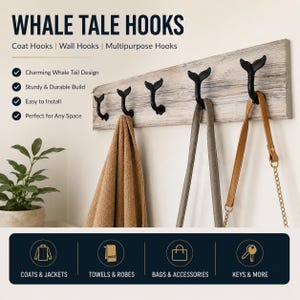 May include: A wall-mounted rack featuring five black metal hooks shaped like whale tails attached to a weathered, light grey wooden board. The text WHALE TALE HOOKS is displayed above, with icons for coats, towels, bags, and keys shown below.