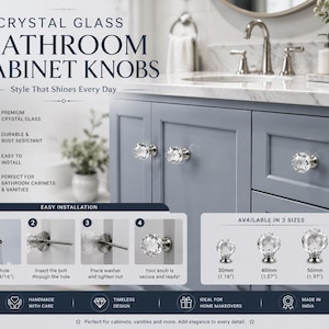 May include: Crystal glass bathroom cabinet knobs with a faceted design and silver-toned base. The image displays installation steps and three available sizes: 30mm, 40mm, and 50mm for cabinet hardware, with metric and imperial measurements provided.