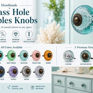 May include: Round glass cabinet knobs featuring internal bubble patterns and a central metal base. The collection includes various colours like clear, aqua, mint green, seafoam, peach pink, amber, blue, purple, smoke, and grey with metal finishes.