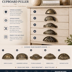 May include: A collection of five semi-circular cast iron cupboard pullers in a bronze finish, featuring distinct designs: simple classic, hammered vintage, floral elegance, ribbed shell, and vintage fluted, each with pre-drilled mounting holes.