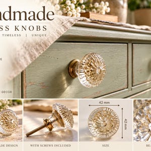 Clear Embossed Glass Cabinet Knob, Floral Vintage Dresser Pull, Handmade Hardware (1.5 Inch)