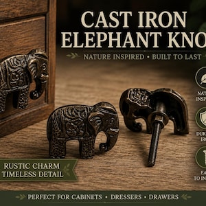 May include: Three dark bronze-toned cast iron elephant-shaped knobs with intricate embossed patterns. One knob is attached to a wooden drawer, while two others are displayed separately, showing the threaded metal bolt for installation.