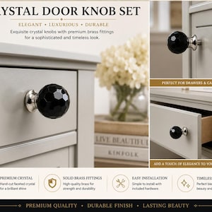 May include: A crystal door knob set featuring black faceted crystal knobs with polished silver-tone metal fittings. The set is displayed on light grey drawers and cabinets, showcasing the round, reflective design of the hardware components.
