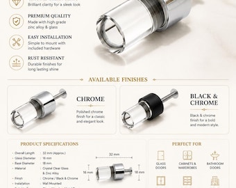 32mm Crystal Glass Door Bolt | Chrome & Black Wall Mounted Door Stop