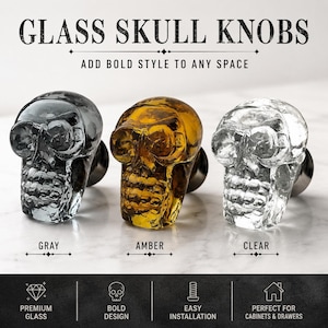 May include: Three glass skull knobs in gray, amber, and clear colors. The text reads: GLASS SKULL KNOBS, ADD BOLD STYLE TO ANY SPACE, GRAY, AMBER, CLEAR, PREMIUM GLASS, BOLD DESIGN, EASY INSTALLATION, PERFECT FOR CABINETS & DRAWERS.
