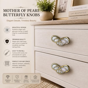 Mother of Pearl Butterfly Cabinet Knob – Brass Drawer Pull, Elegant Furniture Handle