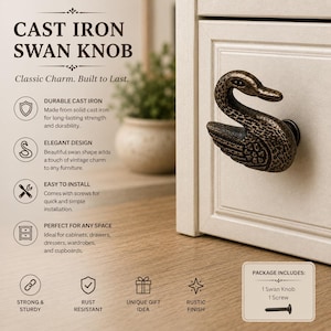 Puede incluir: Un pomo de mueble de hierro fundido de color bronce oscuro con forma de cisne y acabado texturizado. El pomo está montado en un frente de cajón de madera clara. El texto en la imagen incluye CAST IRON SWAN KNOB, DURABLE CAST IRON, ELEGANT DESIGN, EASY TO INSTALL, PERFECT FOR ANY SPACE, STRONG & STURDY, RUST RESISTANT, UNIQUE GIFT IDEA, RUSTIC FINISH y PACKAGE INCLUDES: 1 Swan Knob, 1 Screw.