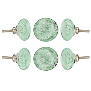 May include: Set of six green glass cabinet knobs with silver metal hardware. The knobs have a textured, bubbly surface.