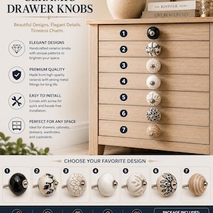 May include: A collection of seven round ceramic drawer knobs featuring various designs including solid black, white with black floral patterns, embossed white floral motifs, plain white, and beige with white stripes, each with a metal screw fitting.