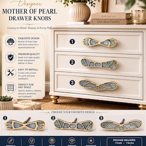 May include: Designer mother of pearl drawer knobs featuring a brass frame with an iridescent inlay. The set includes three distinct geometric patterns labelled one, two, and three, shown installed on a white dresser and as individual hardware pieces.