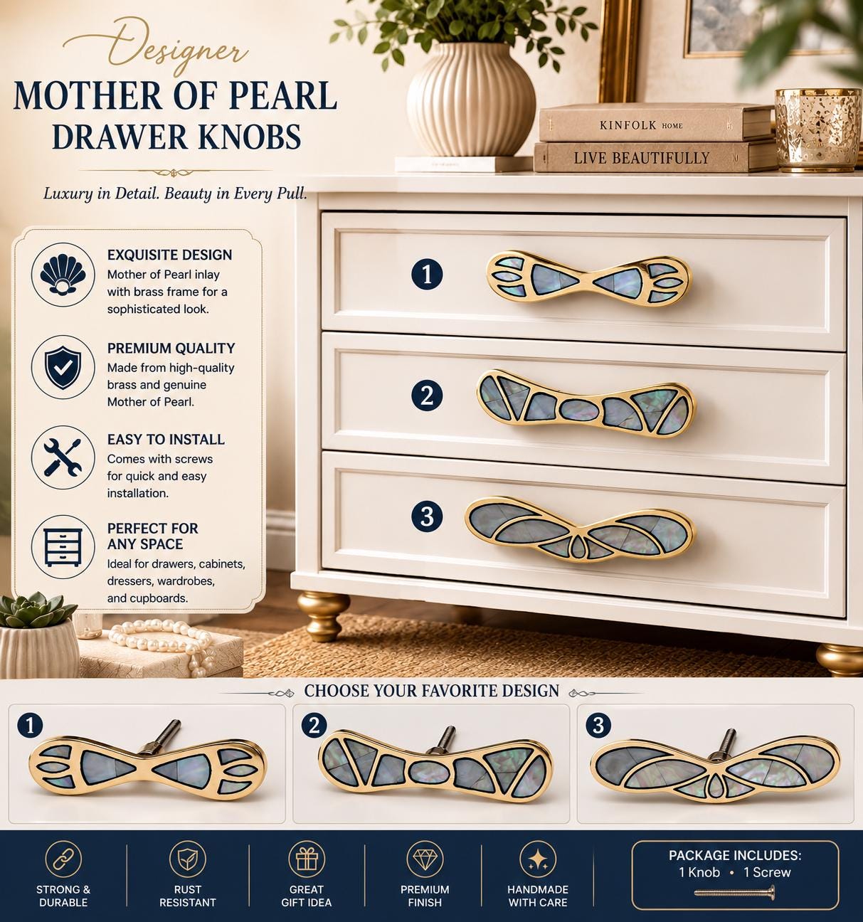 luxury dresser knobs Handmade Gold & Mother of Pearl Cabinet Handle: Luxurious Drawer Pull