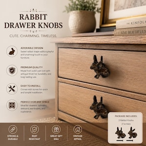 Cast Iron Rabbit Drawer Knob – Antique Bronze Bunny Furniture Pull – Farmhouse Cabinet Handle