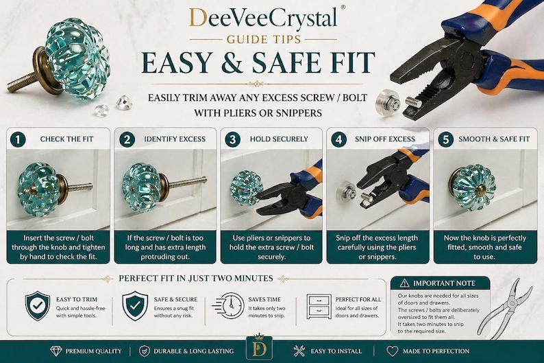 May include: An instructional graphic for DeeVeeCrystal knobs showing a five-step process to trim excess screw length using pliers. The image features a faceted teal glass knob with a bronze base, blue and orange pliers, and text instructions.