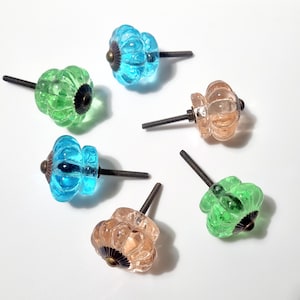 Può includere: Sei pomelli per armadi in vetro di vari colori, tra cui verde, blu e rosa. Ogni pomello ha un design decorativo testurizzato e una vite in metallo.