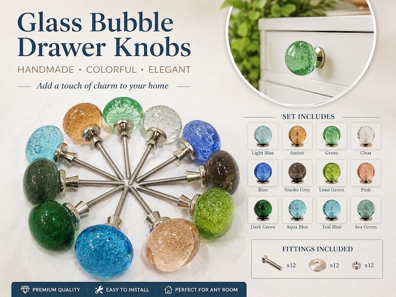 May include: A collection of round glass bubble drawer knobs in various colors including blue, green, amber, and clear. Each knob features a metallic base and screw. The image displays text reading Glass Bubble Drawer Knobs and a color chart.