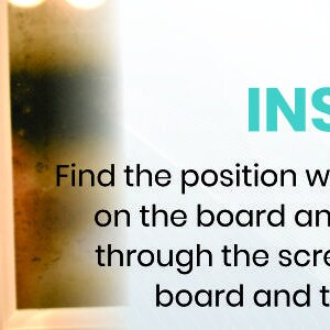 May include: Two round, bright blue glass cabinet knobs mounted on white cabinet doors. The text EASY INSTALLATION appears above instructions: Find the position where you want to install on the board and drill a hole. Then pass through the screw.