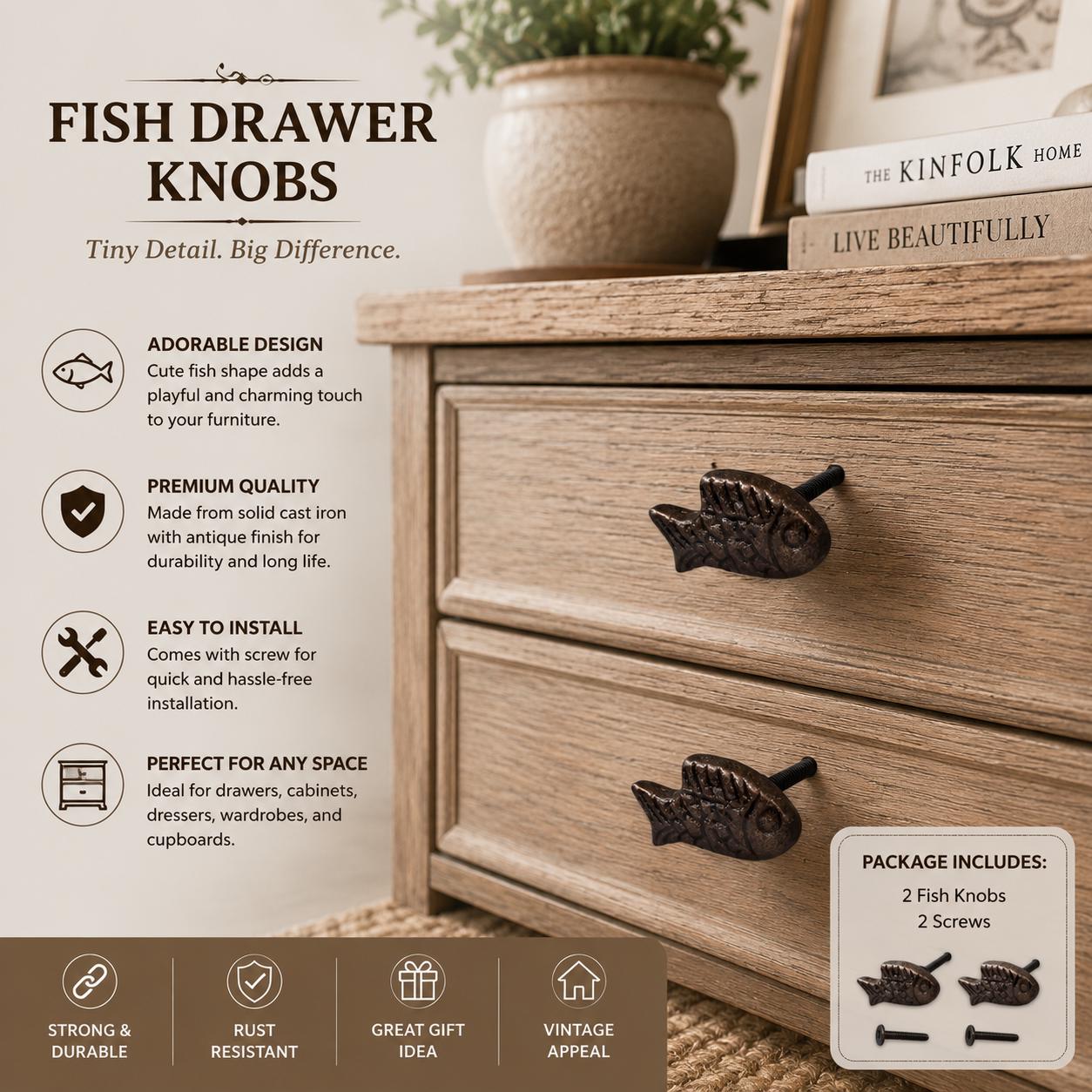 Cast Iron Fish Drawer Knobs - Rustic Cabinet Pulls, Antique Bronze Nautical Hardware