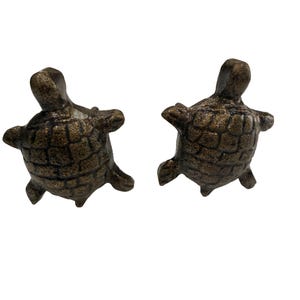 May include: Two turtle figurines with a textured, dark bronze-colored finish. Each turtle is depicted in an upright, standing position with a detailed shell pattern, four flippers extended outward, and a head facing forward in a neutral pose.