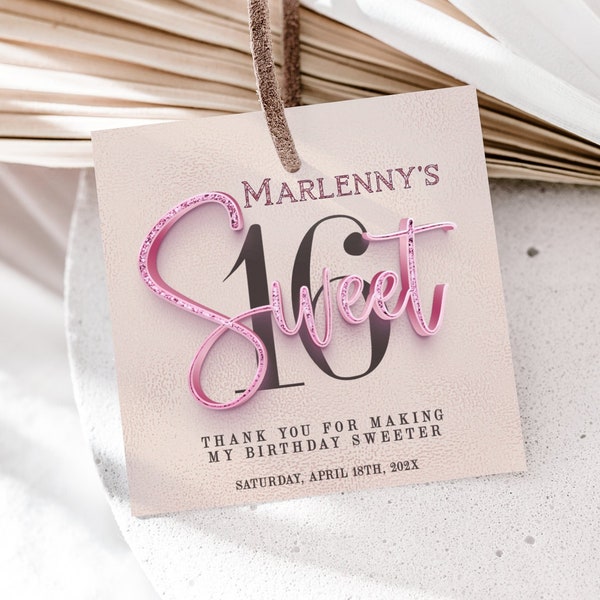 Editable Sweet Sixteenth Birthday Favor Tag 2.5x2.5" | Pink Glitter Sixteenth Favor Tag | Temp 0036