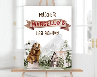Editable Bear First Birthday Welcome Sign | Beary first Birthday Welcome Sign | Woodland Bear Welcome Sign | Template 0022