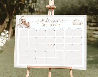 We Can Bearly Wait Baby Shower Editable Guess the Arrival Sign | Bear Baby Shower | Boho Bear Guess the Arrival Sign | Template 0066